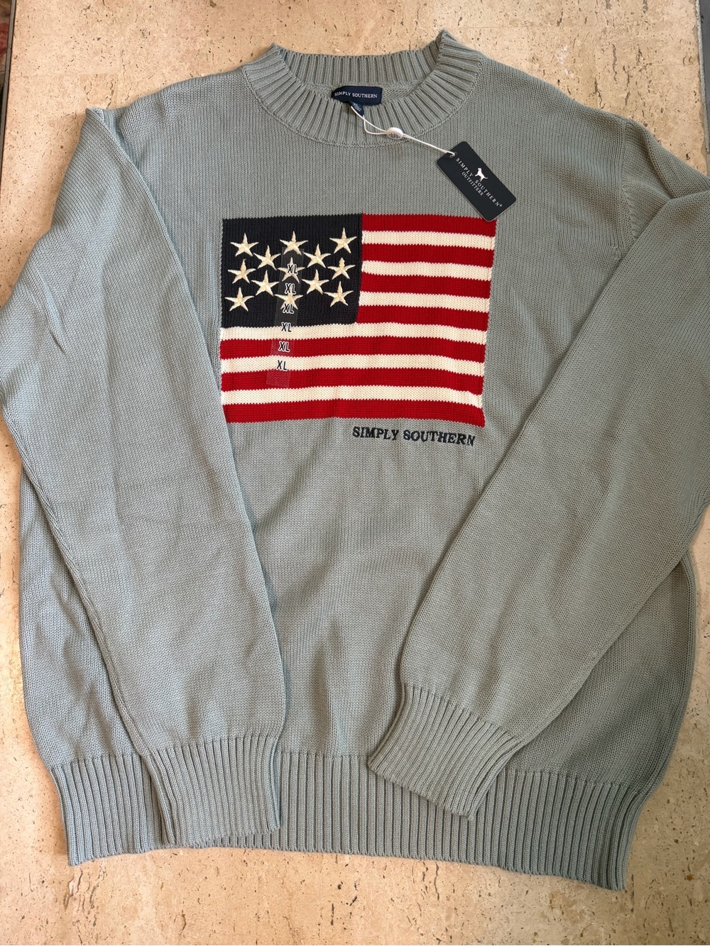 Simply Southern American Flag Knit Sweater Blue Gray Crew Neck Men’s XL
